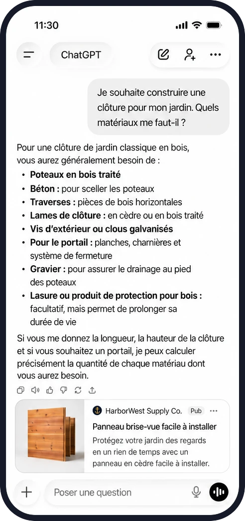 Conversation ChatGPT sur la construction d'une clôture de jardin, suivie d'une annonce sponsorisée pour un panneau brise-vue en cèdre.
